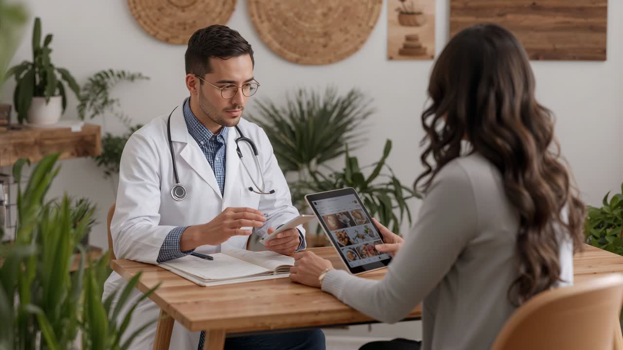 Médico gesticulando con bata blanca y estetoscopio consultando en la clínica con un paciente que muestra una tablet revisando imágenes