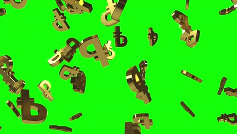 señales de rublo de oro cayendo sobre un fondo verde. animación de bucle 3d