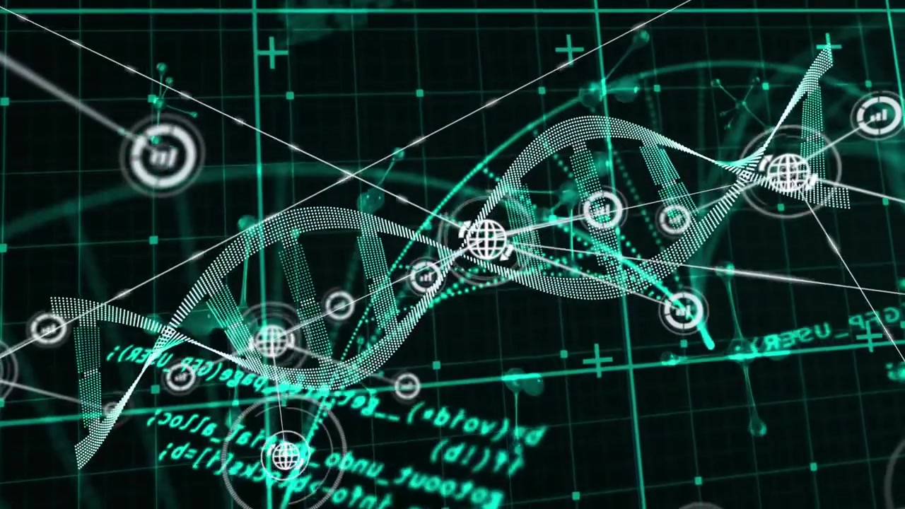 On data update DNA helix rotating, nodes locking on, thin lines drawing, revealing network view