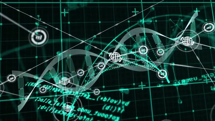 On data update DNA helix rotating, nodes locking on, thin lines drawing, revealing network view