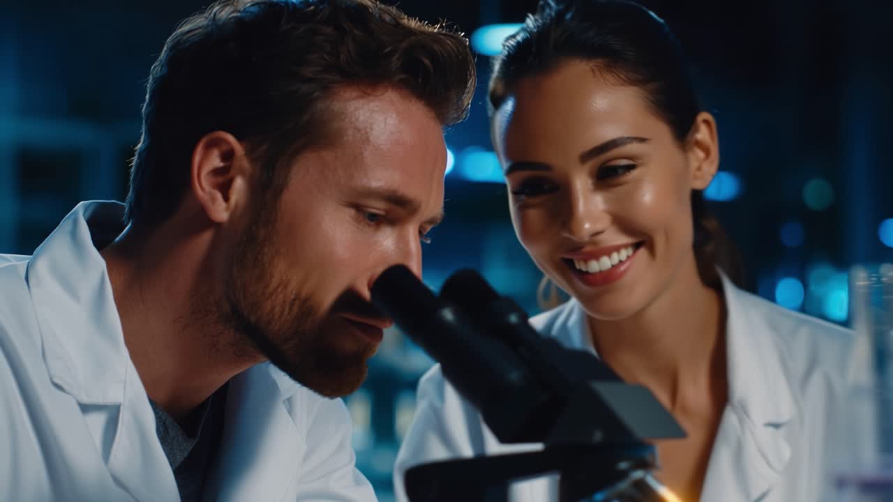 Due scienziati condividono un microscopio in un laboratorio. Indossano camici bianchi e si concentrano intensamente. Uno sorride calorosamente mentre l'altro osserva attentamente. Le loro espressioni mostrano lavoro di squadra e curiosità