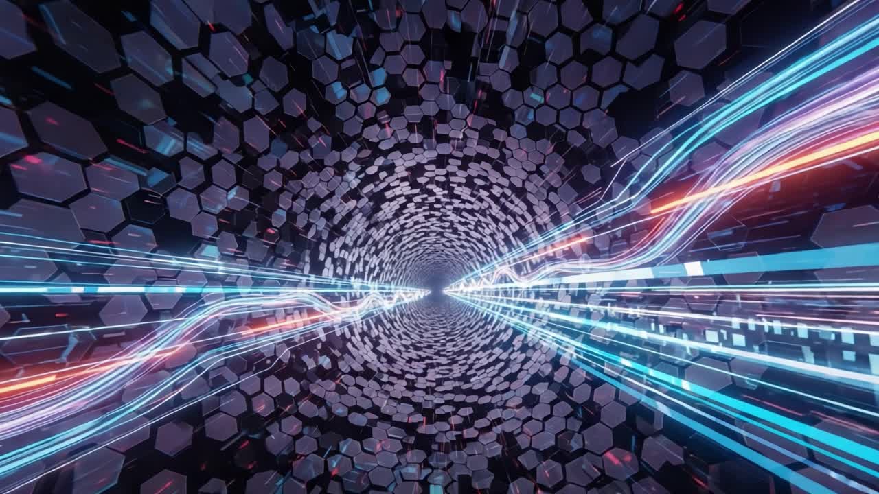 A Dynamic Visualization of Abstract Technology: Journey Through a Tunnel of Hexagonal Patterns and Radiant Light Trails in a Futuristic Space