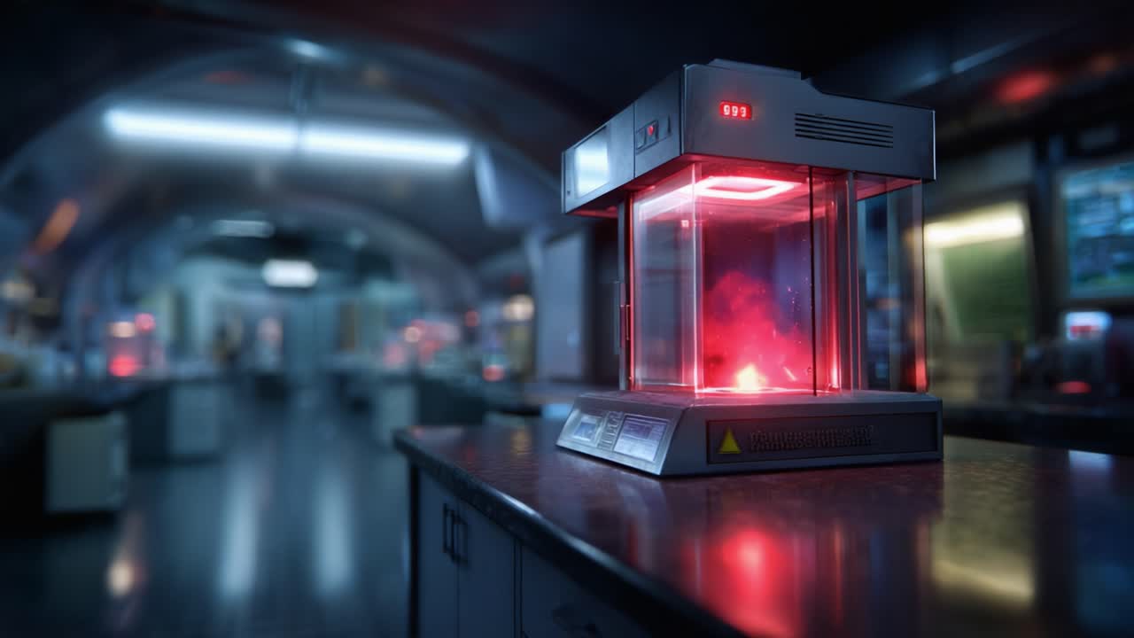 A high-tech glowing containment chamber set within a futuristic laboratory, highlighting advanced technology and a mysterious glowing substance inside