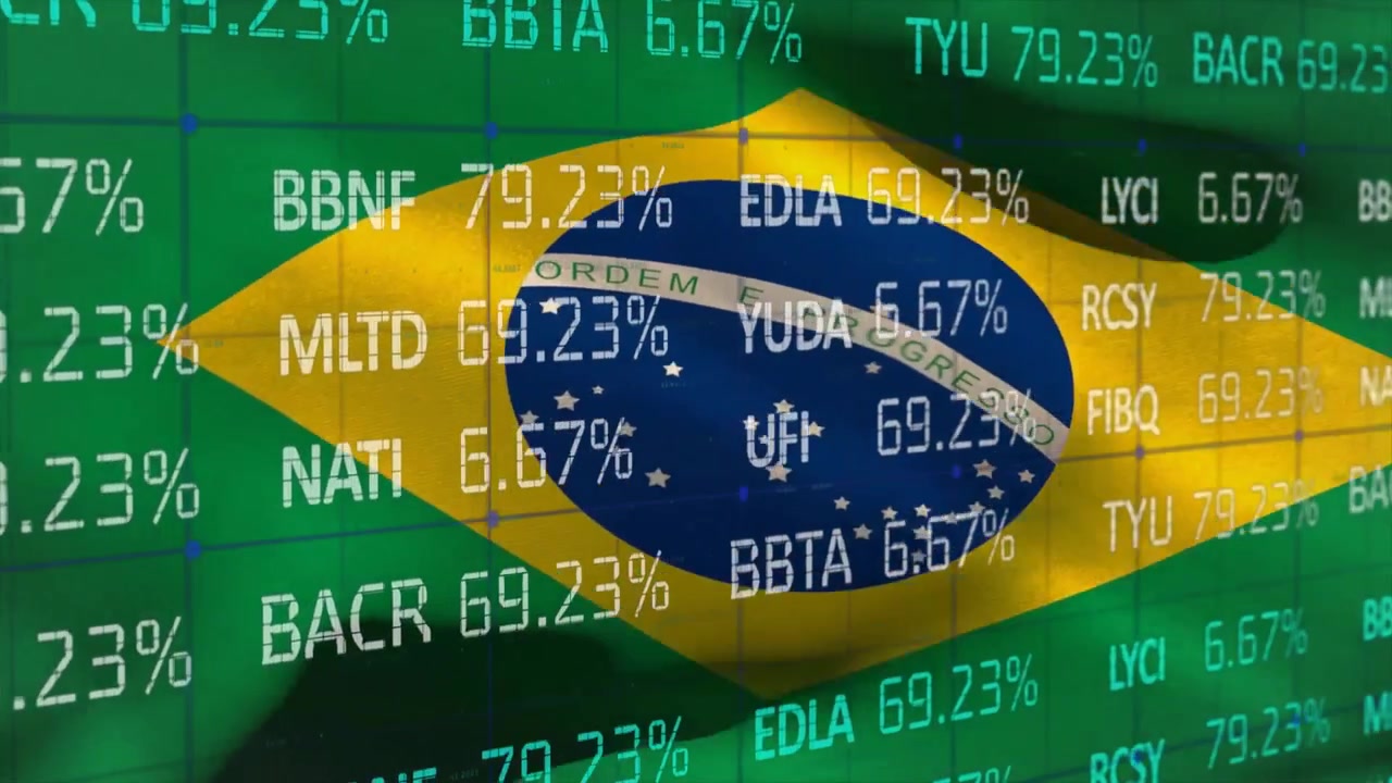 Animation af finansiel databehandling over Brasiliens flag.