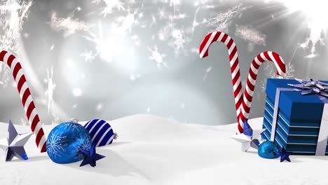 animación de nieve cayendo sobre dulces de navidad y presente en fondo gris