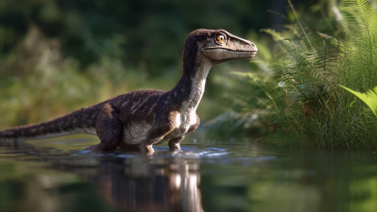 Una rappresentazione realistica di un dinosauro termoregolatore emerge da uno stagno nella foresta, circondato da una vegetazione lussureggiante e che riflette la bellezza della natura.