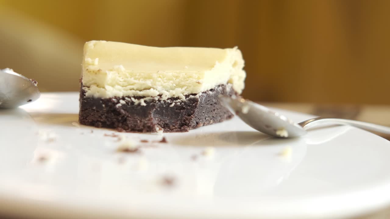 접시에 있는 브라우니 치즈케이크 조각