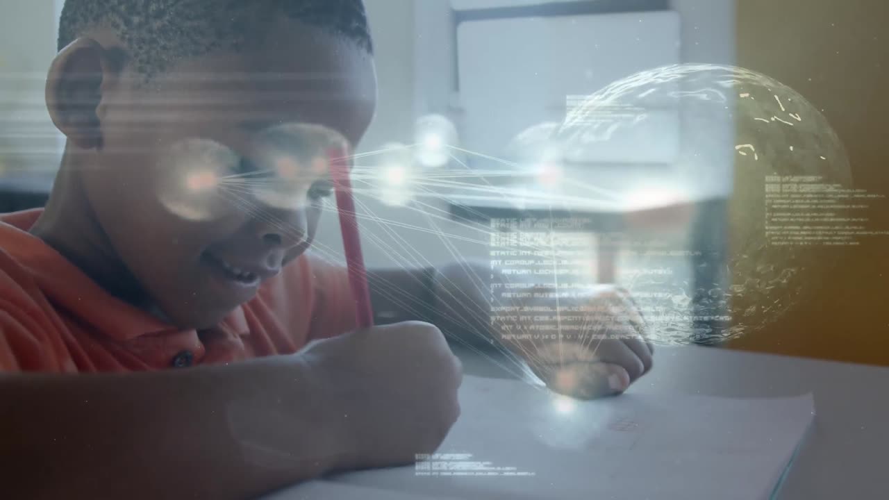 Animation of data processing over happy african american boy writing at school