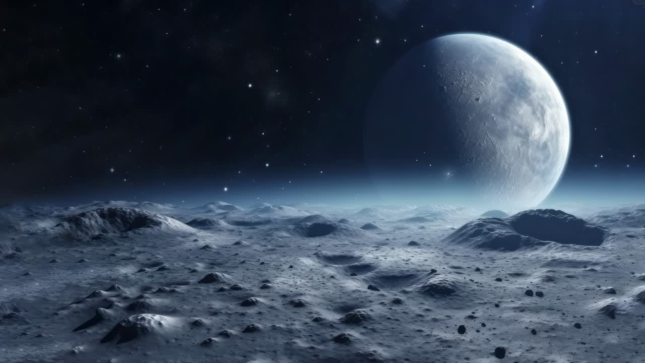 En filmisk vidvinkelvisning af et månebelyst fremmedartet landskab med en fjern planet