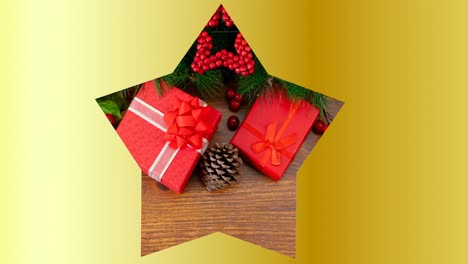 Video-of-presents-and-christmas-presents-in-star-shape-on-yellow-background