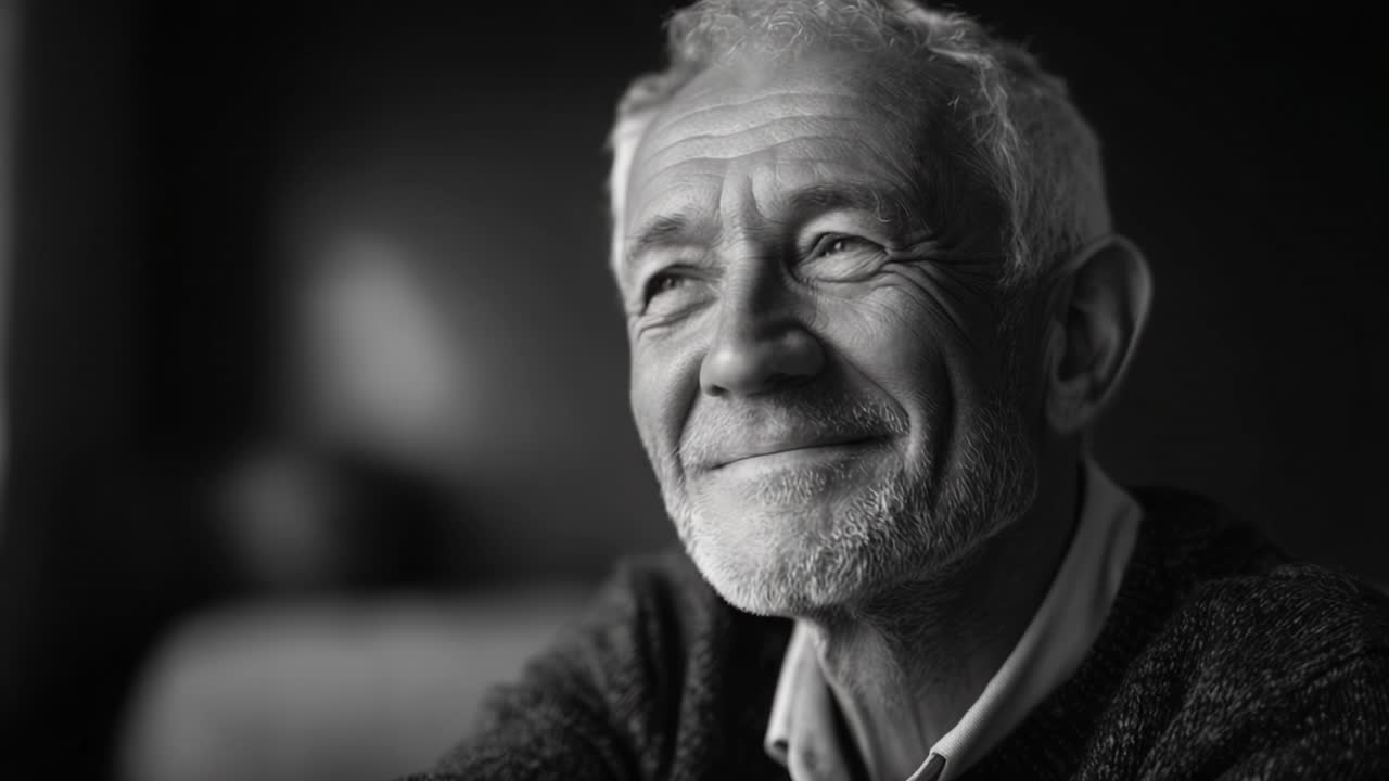 Un uomo anziano contemplativo osserva pensieroso, emanando calore e saggezza, immortalato in momenti sinceri di riflessione e gioia in immagini in bianco e nero.