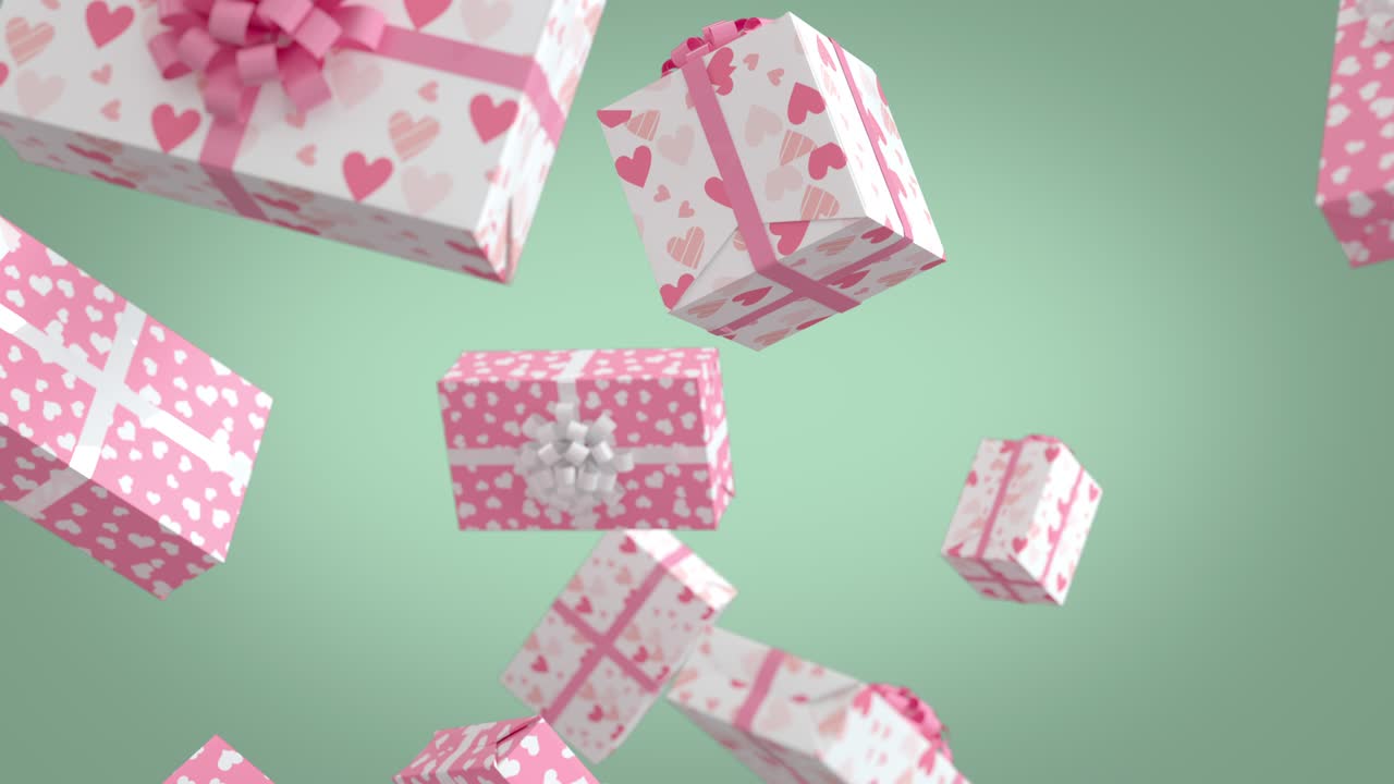 피스타치오 바탕에 부드러운 분홍색 발렌타인 데이 선물이 떨어집니다.