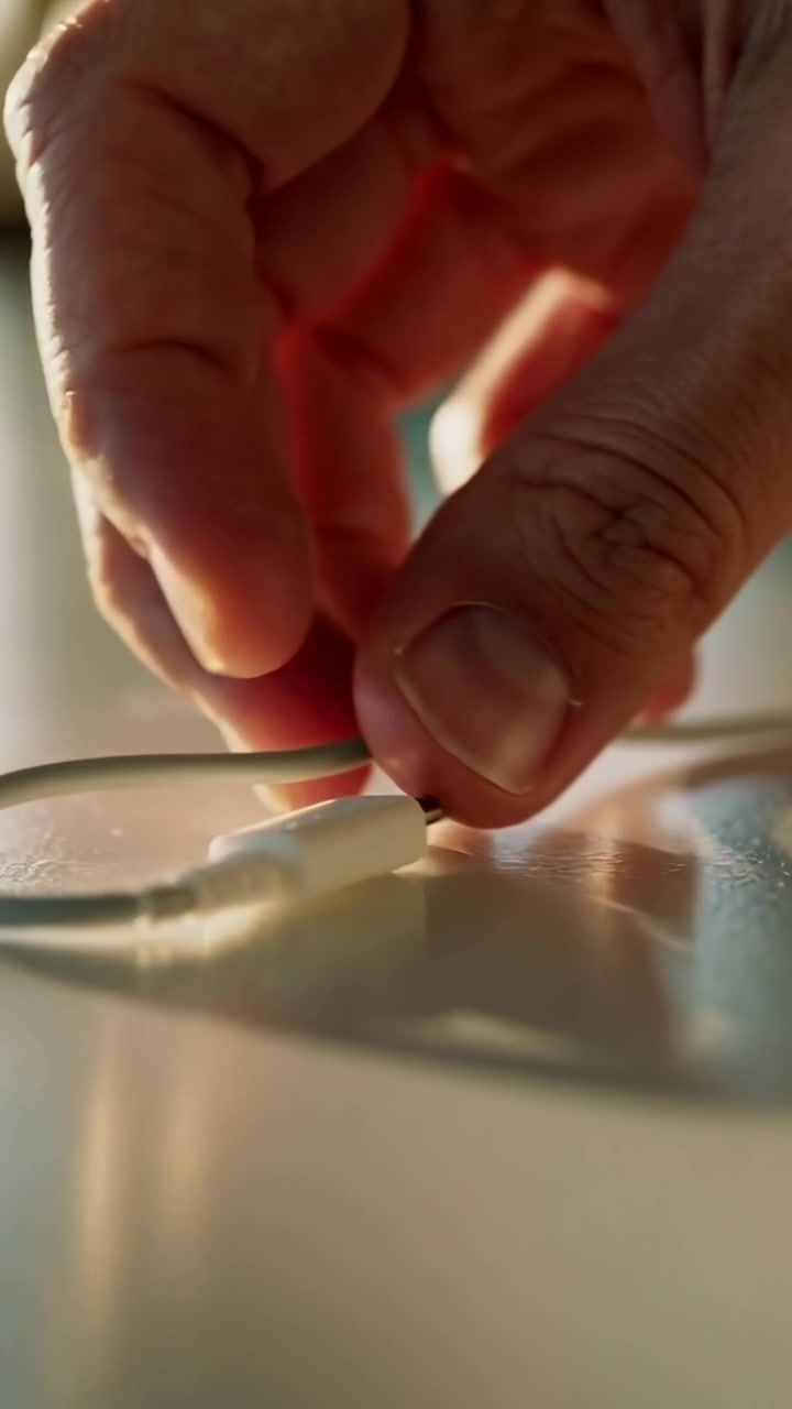 Vertical video: Hand entering frame, pinching, sliding white cable to align connector flush on desk