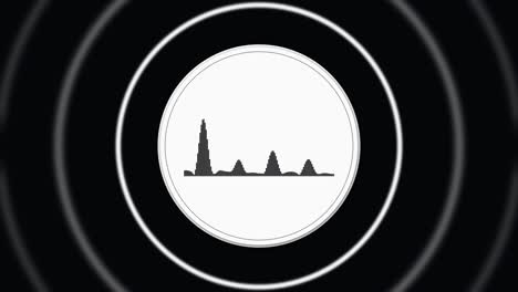 abstract white circle with black horizontal sound signal and white pulsating circle frames on black background, seamless loop. animation. radio or voice signal