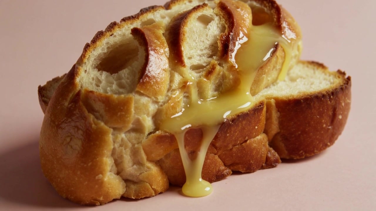 Pouring thick glossy yellow sauce coating braided sliced loaf on pale pink surface, forming drip