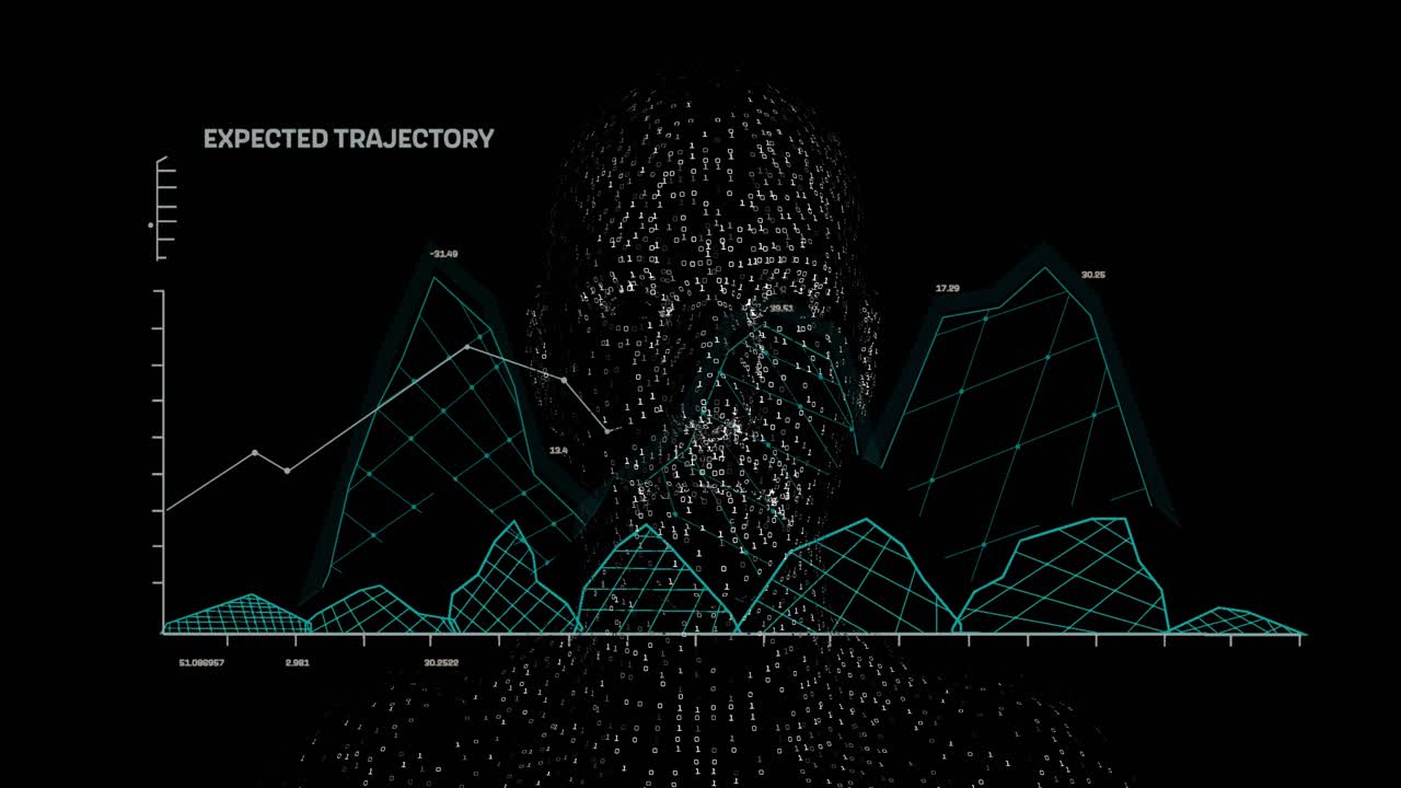 Data cloud coalescing into head mesh rotating to reveal wireframe grid plotting expected trajectory