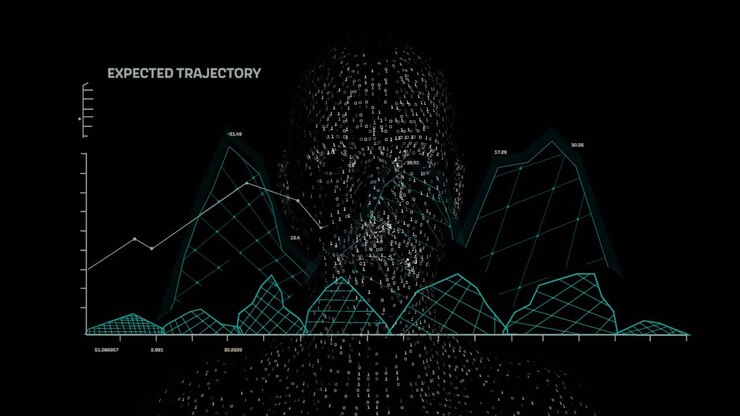 Data cloud coalescing into head mesh rotating to reveal wireframe grid plotting expected trajectory