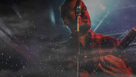 animación de la nieve cayendo sobre el hombre biracial cantando