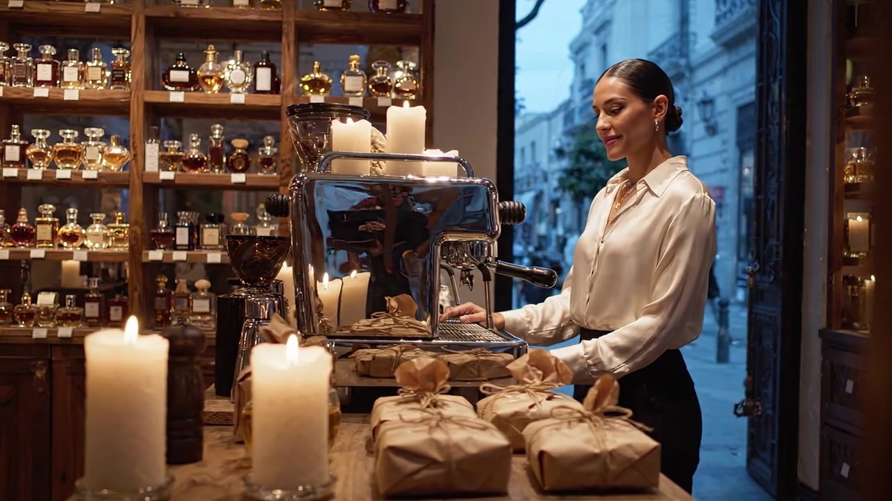 Donna elegante che usa una macchina da caffè espresso vintage, circondata da bellissime boccette di profumo e dalla soffusa luce di candele in un'accogliente caffetteria boutique.