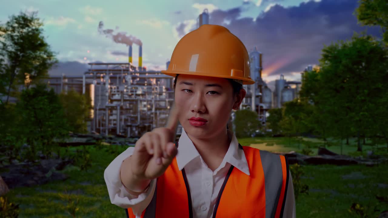 Close Up Of Asian Female Engineer With Safety Helmet Disapproving With No Index Finger Sign While Standing In Front Of Oil Refinery