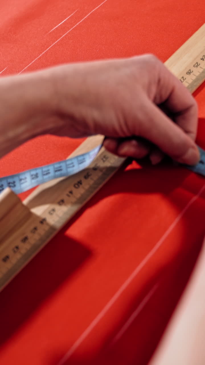 Female's hands are sketching lines with a tape measure and a soap on a table. Sewer works with red fabric and a ruler in atelier. Handicraft concept. Vertical video