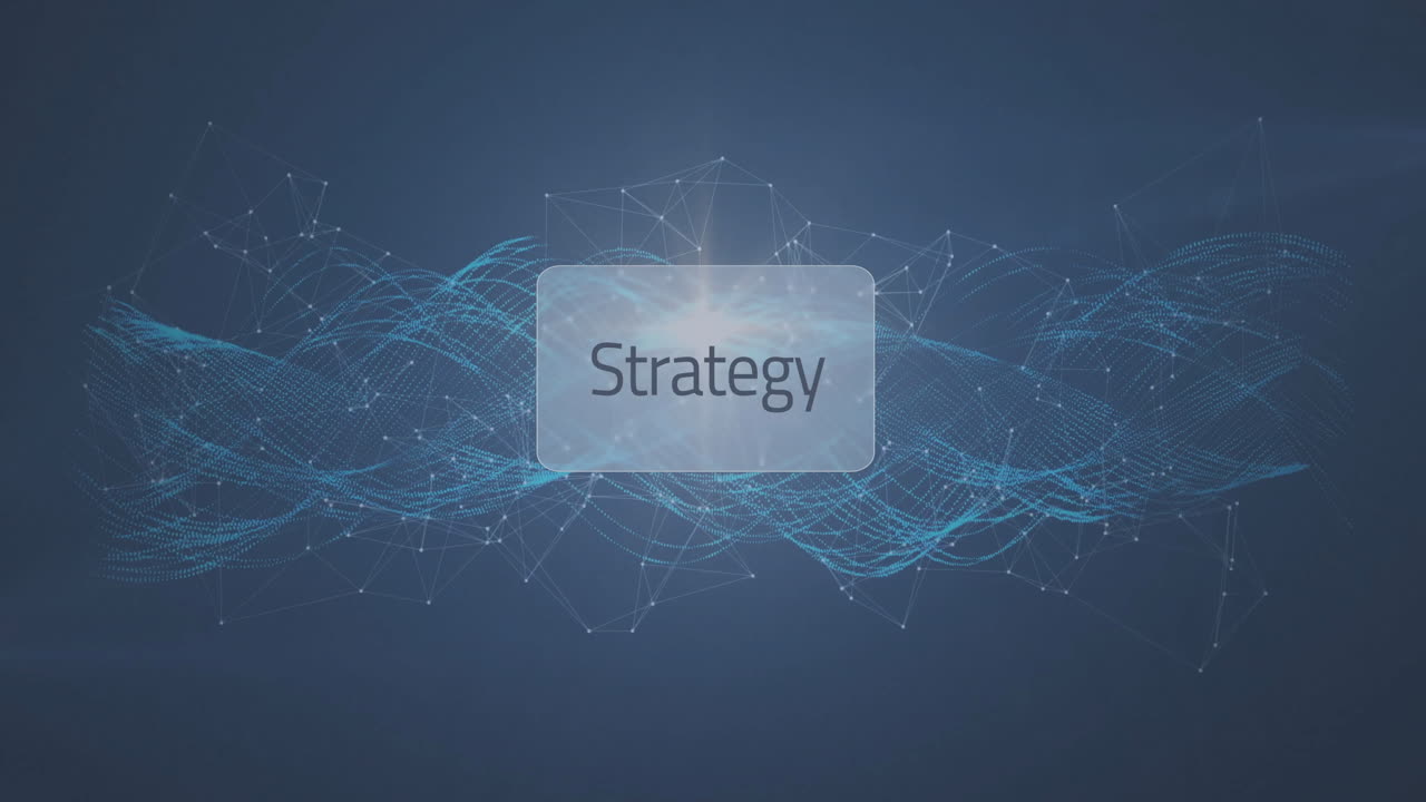 Animating Strategy text over blue waveforms and connecting lines