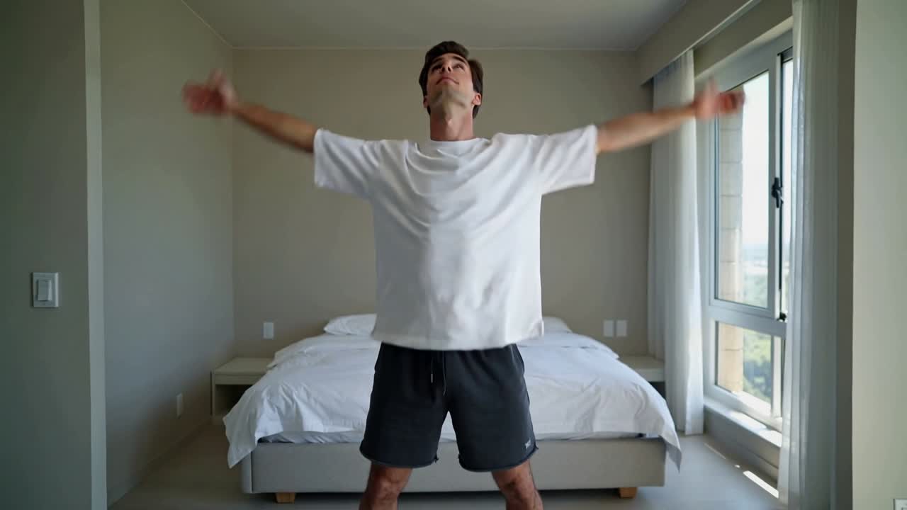 Uomo in maglietta e pantaloncini che, in camera da letto vicino alla finestra e al letto, unisce le mani, si gira, solleva le braccia, si piega e si allunga