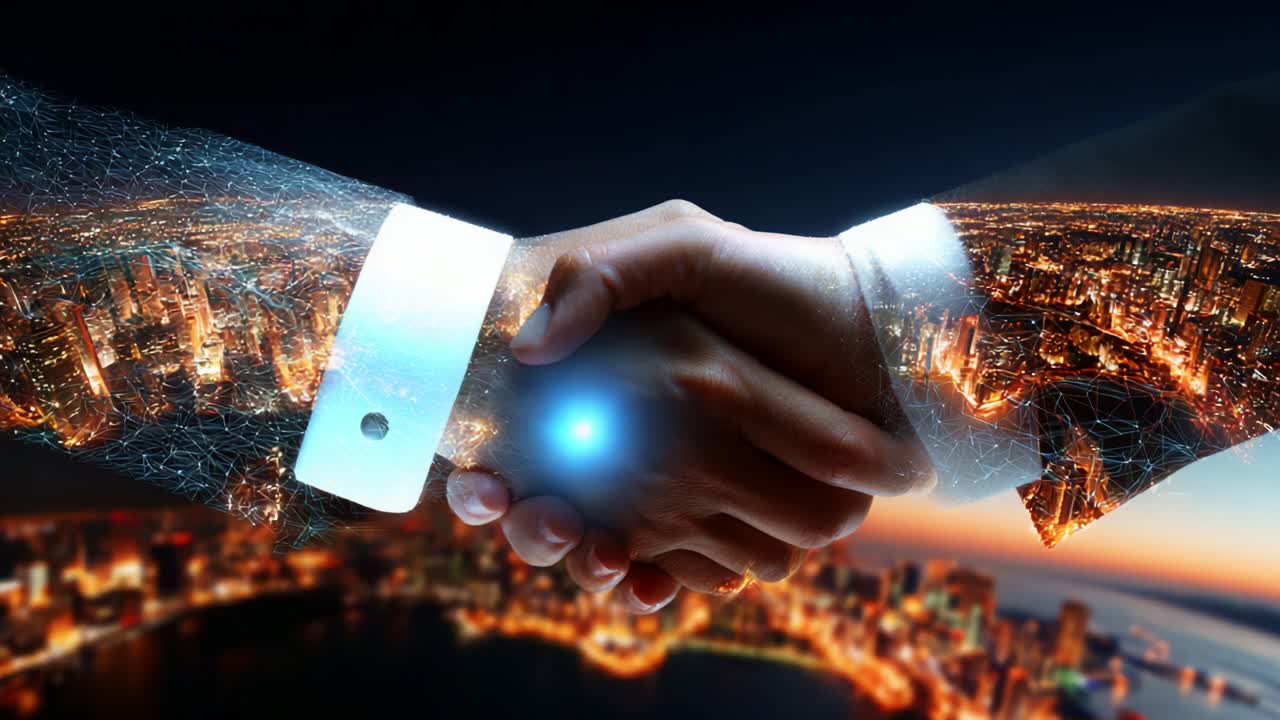 A Symbolic Handshake Representing Unity and Partnership Amidst a Vibrant Cityscape at Dusk, Merging Technology and Human Connection in a Modern World