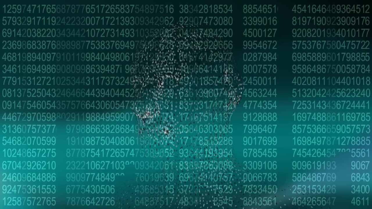 Animation of data processing and human head on green background