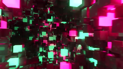 vuelo abstracto en corredor futurista, bucle sin costuras fondo 4k, luz ultravioleta fluorescente, cubos de neón de colores brillantes, túnel geométrico sin fin, espectro verde rojo, renderizado en 3d