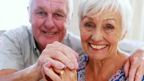 Portrait-of-smiling-couple-with-walking-stick-in-living-room