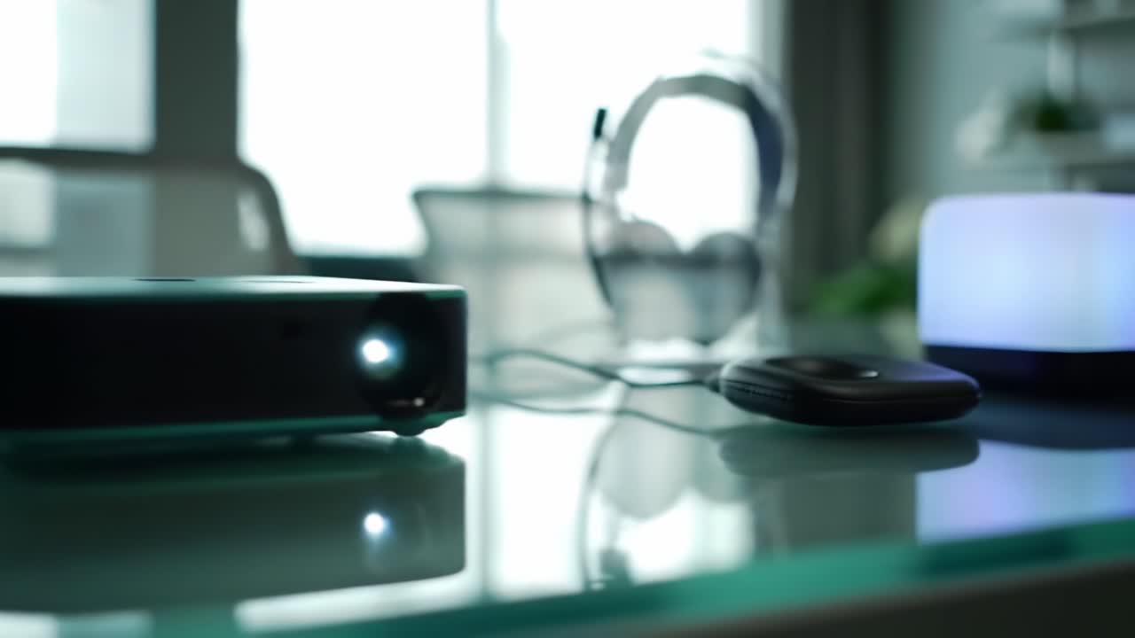 A Modern Workspace Featuring Headphones and a Projector, Highlighting the Blend of Technology for Enhanced Productivity and Creativity in a Sleek Environment
