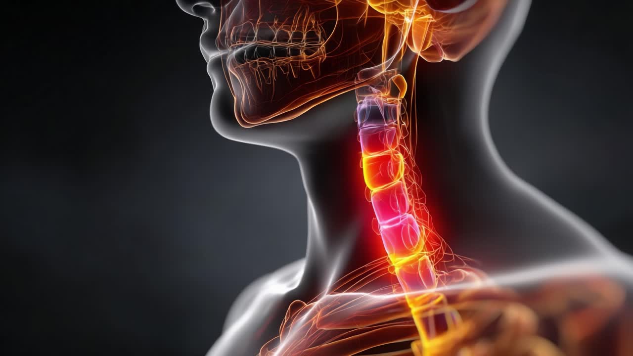 Visualizzazione anatomica della colonna vertebrale umana e della struttura del collo che evidenzia le vertebre cervicali e i percorsi neurali per una migliore comprensione dell'anatomia umana