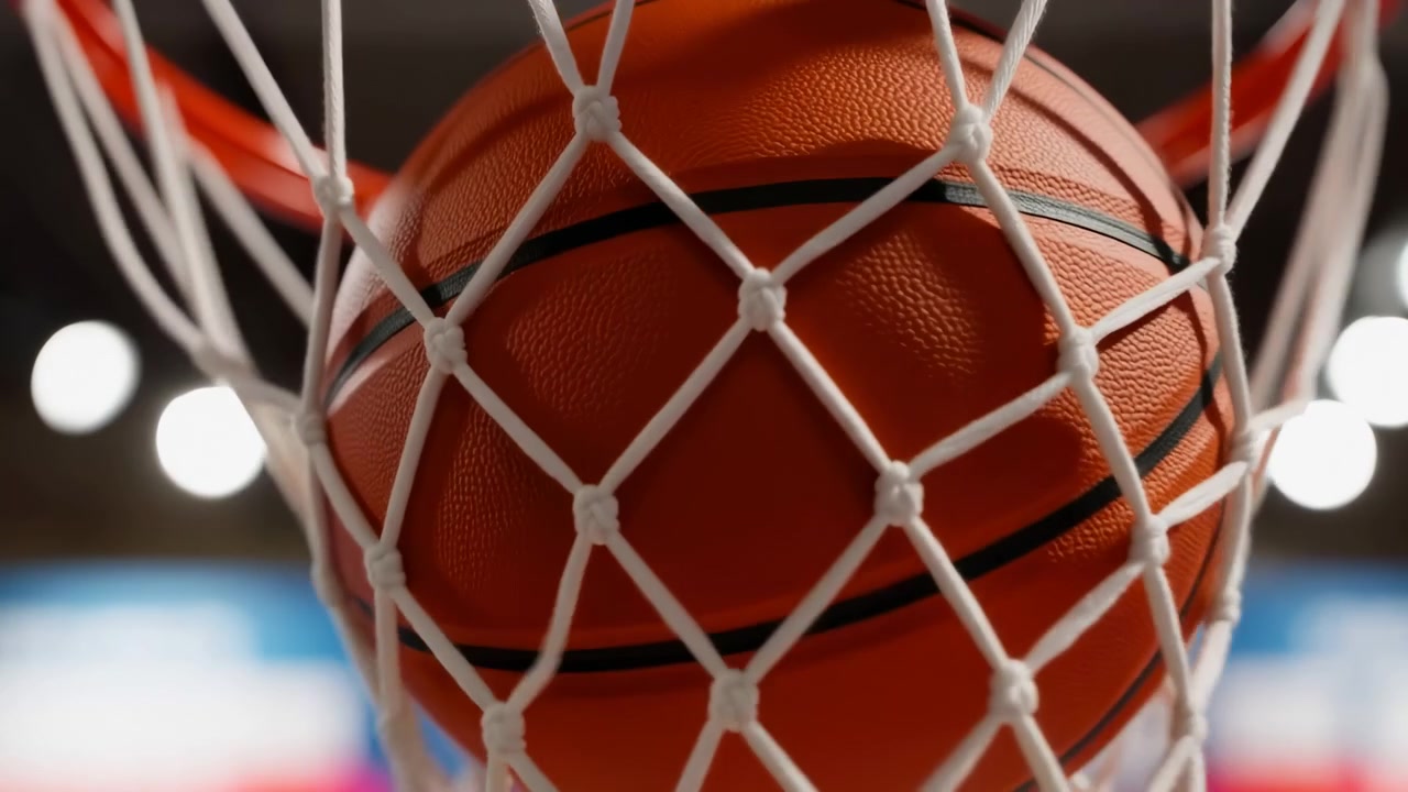 giocatore di basket che esegue una mossa dinamica ed energica mentre schiaccia a canestro sul campo, catturato in un primo piano da sotto il canestro, evidenziando i vivaci colori arancione e bianco.