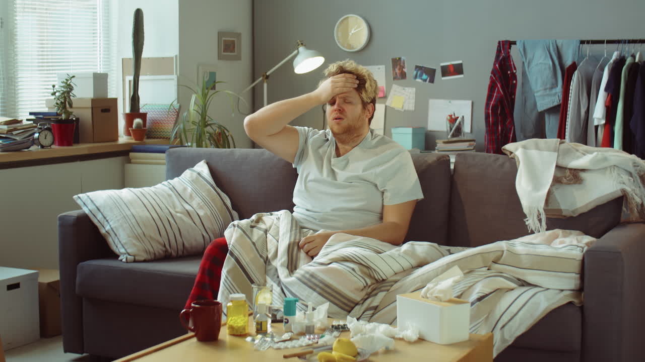 집 에서 온도 를 측정 하고 재채기 하는 병든 사람