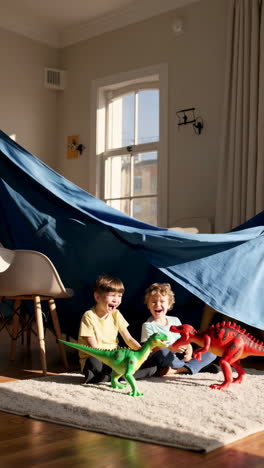 boys playing with dinosaur toys under a blanket fort