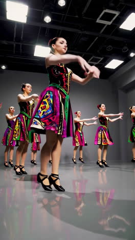 ballet dancers in vibrant costumes performing in a studio