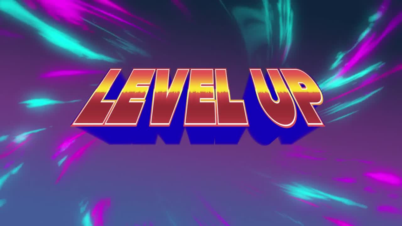 Digital animation of level up text over digital waves against purple background