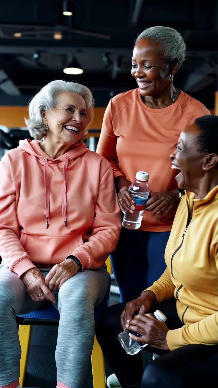 Three women resting and laughing after exercise at the gym