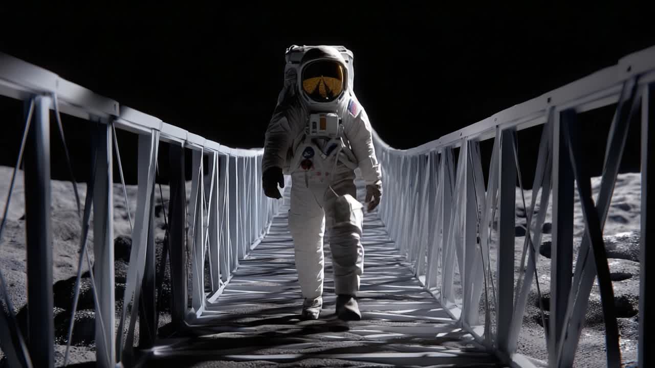 A lone astronaut strides confidently across a metallic bridge, exploring the desolate lunar landscape under a star-lit sky, embodying the spirit of discovery and adventure