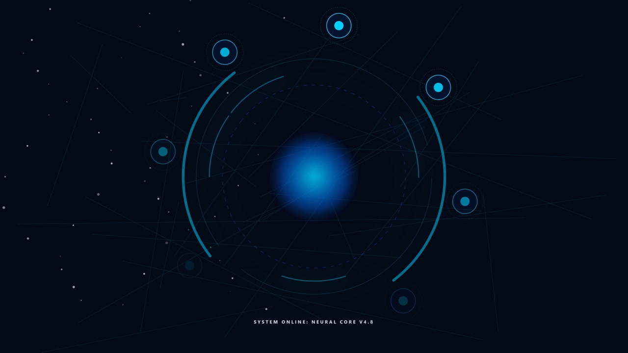 Abstract Digital Neural Core Interface with Rotating Blue Light Rings