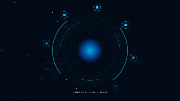 Abstract Digital Neural Core Interface with Rotating Blue Light Rings