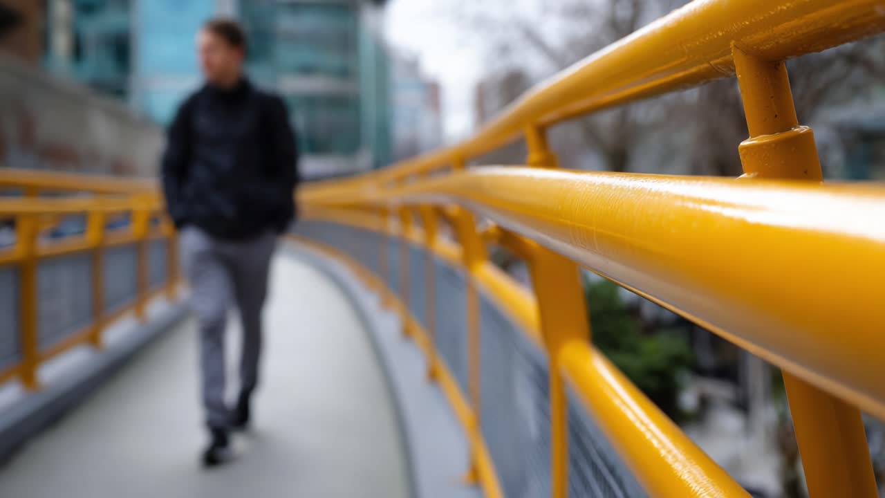 A solitary figure walks along a vibrant yellow railing on a winding path through an urban environment, with blurred city buildings in the background