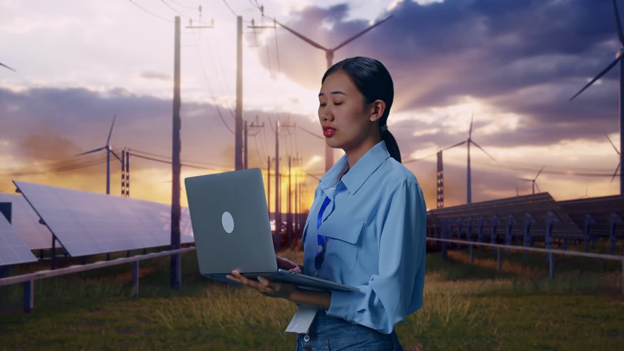 Side View Of Asian Female Professional Worker With Solar Panel and Wind Turbines, Observes By Looking Up Before She Come To Concentrating On The Laptop And Keep On Typing