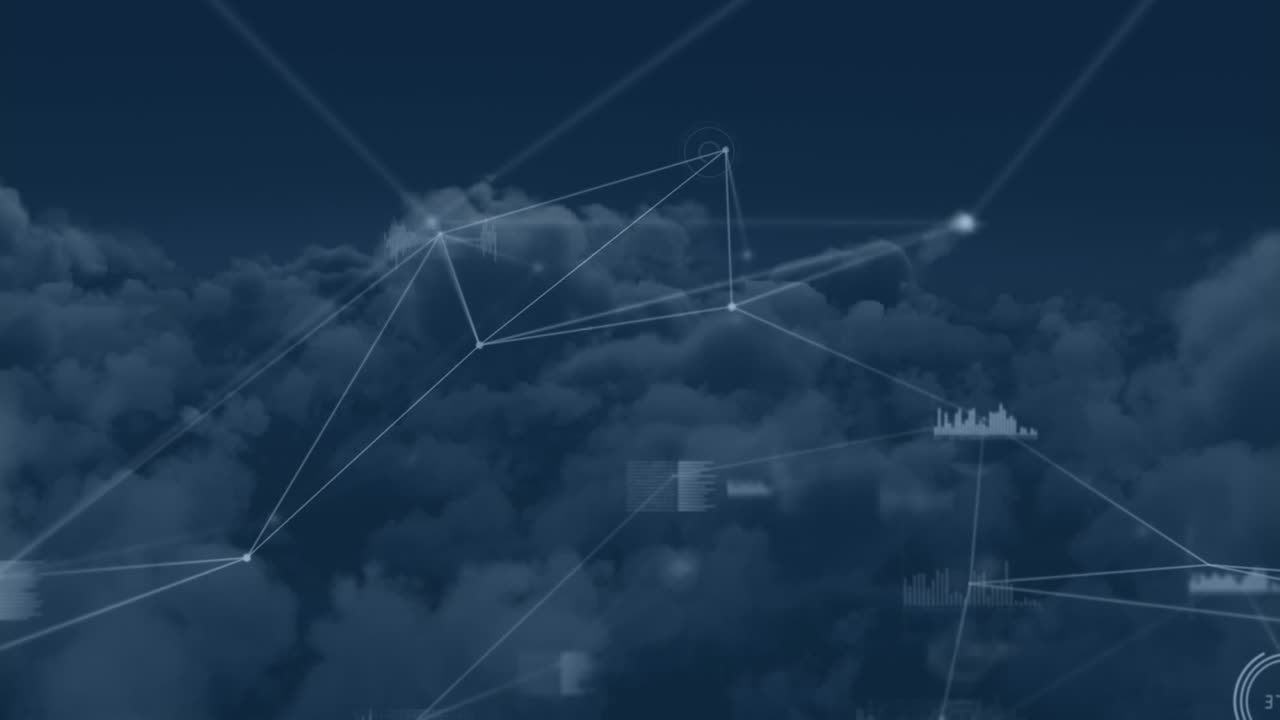 Animation of network of connections with statistics recording over clouds in background
