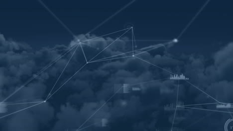 animation of network of connections with statistics recording over clouds in background