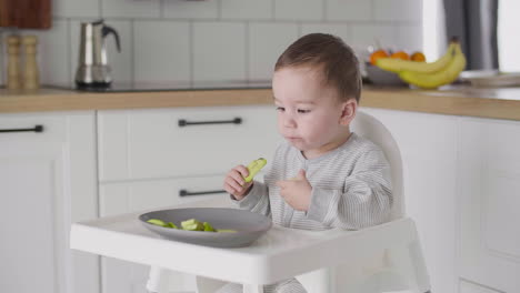 cute baby boy eating banana and avocado sitting in high chair in the kitchen