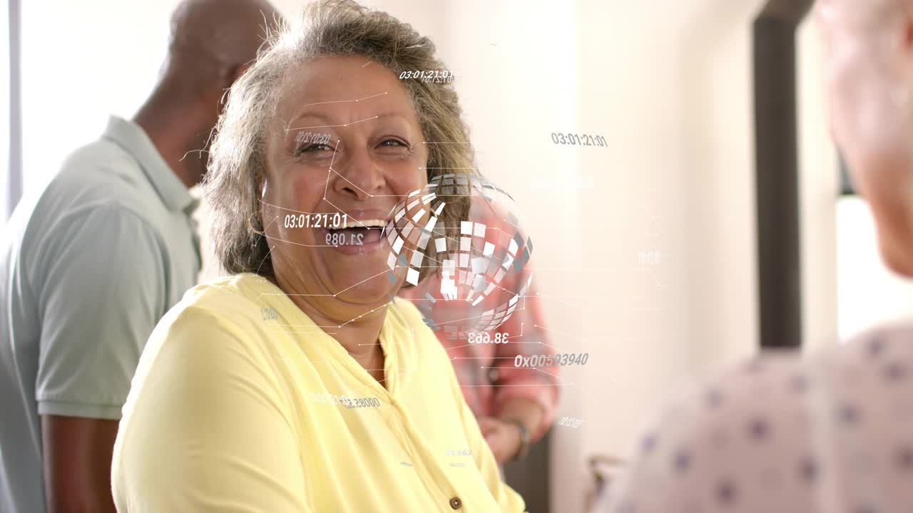 Polka-dot blouse woman initiating chat, senior woman laughing while tech HUD drifting across faces