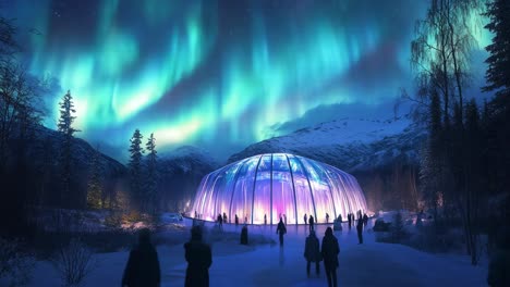 aurora borealis over an ice dome in alaska