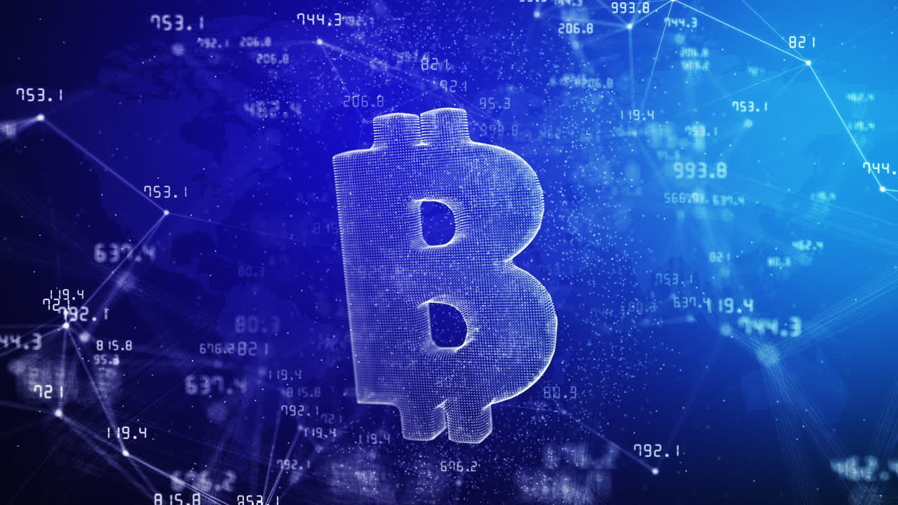 3D hologram of bitcoin icon on blue background with plexus lines and dots. Values of financial indicators of stock exchange are constantly changing. Abstract space motion graphics.